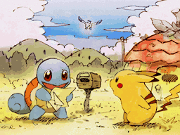 Pikachu et Carapuce lisent le courrier apporté par Bekipan.