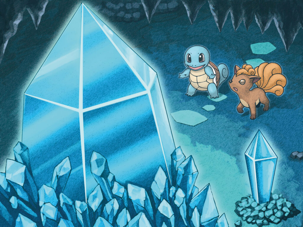 Goupix devant le cristal géant de la Caverne Cristal.