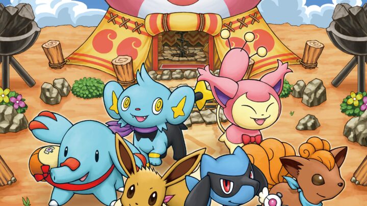 Les nouveaux Pokémon de départ et Skitty devant la Guilde de Grodoudou