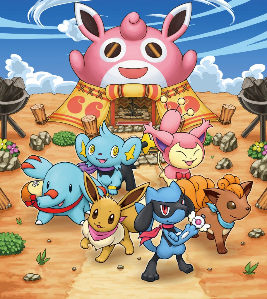Les nouveaux Pokémon de départ de Ciel, avec Skitty, devant la Guilde de Grodoudou.