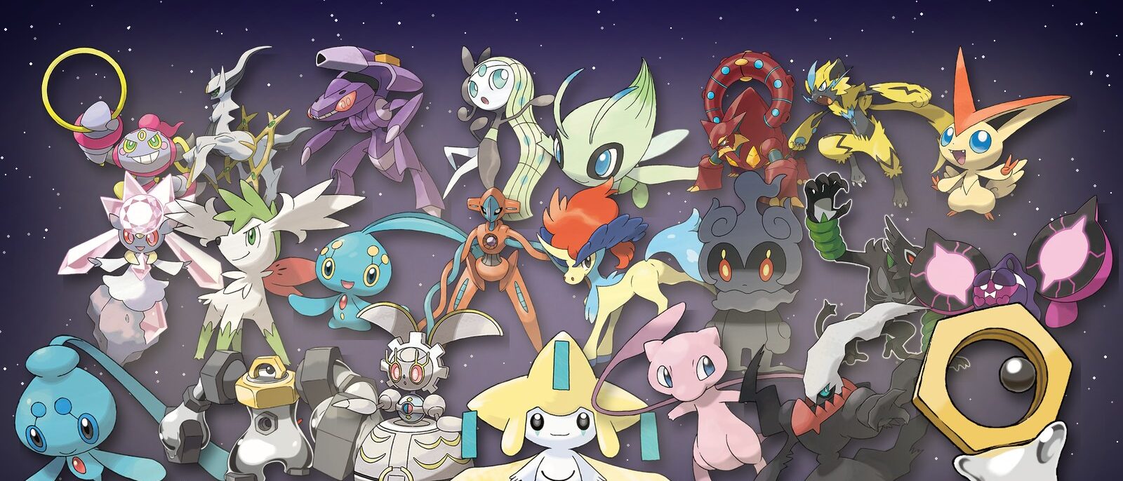 Les 23 Pokémon fabuleux réunis, de Mew à Pêchaminus, sur un fond étoilé