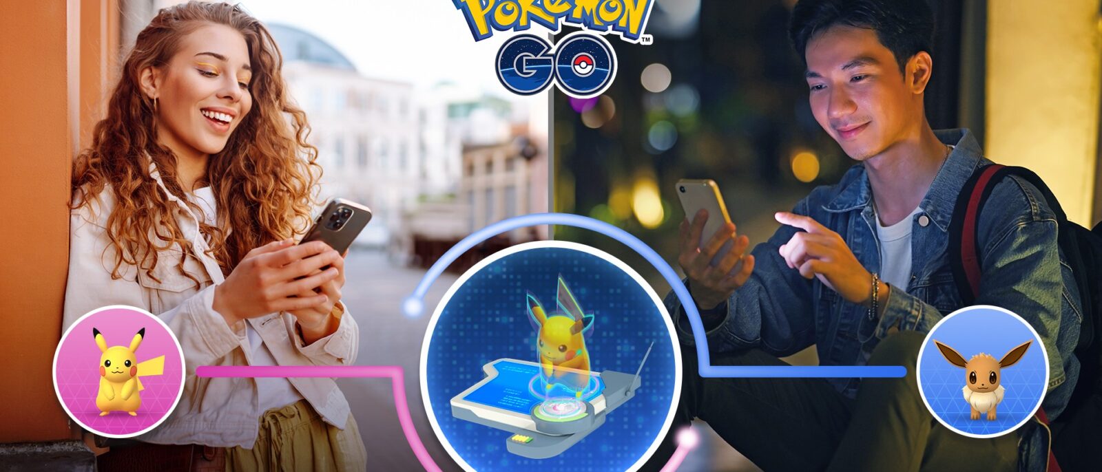 Deux dresseurs échangent Pikachu et Évoli à distance dans Pokémon GO