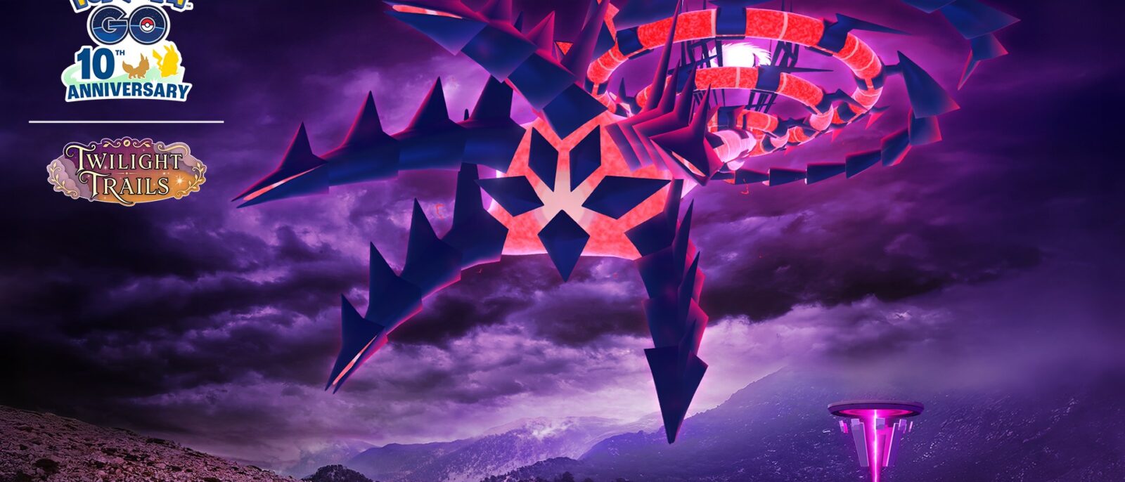 Éthernatos Infinimax domine un ciel violet au-dessus d'une Source d'Énergie dans Pokémon GO