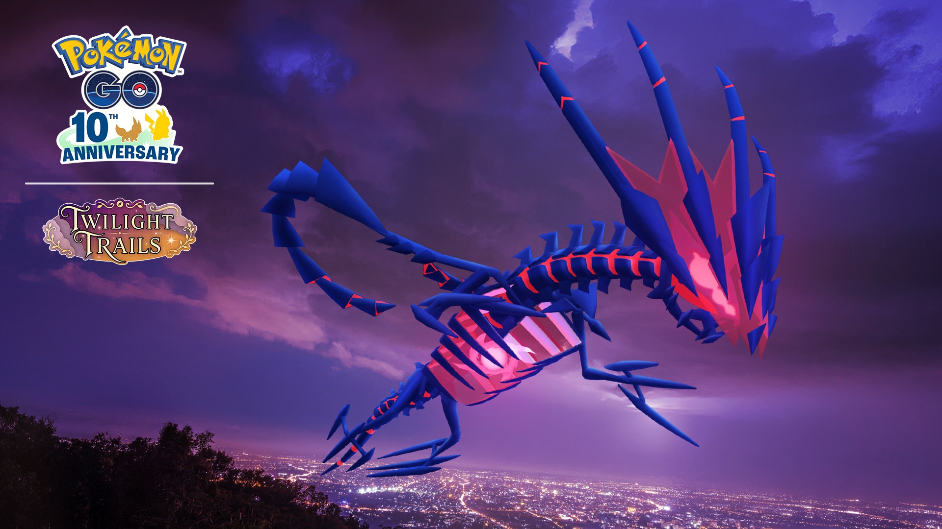 Éthernatos survole une ville illuminée de nuit, visuel de l'événement Sentiers Dynamax de Pokémon GO