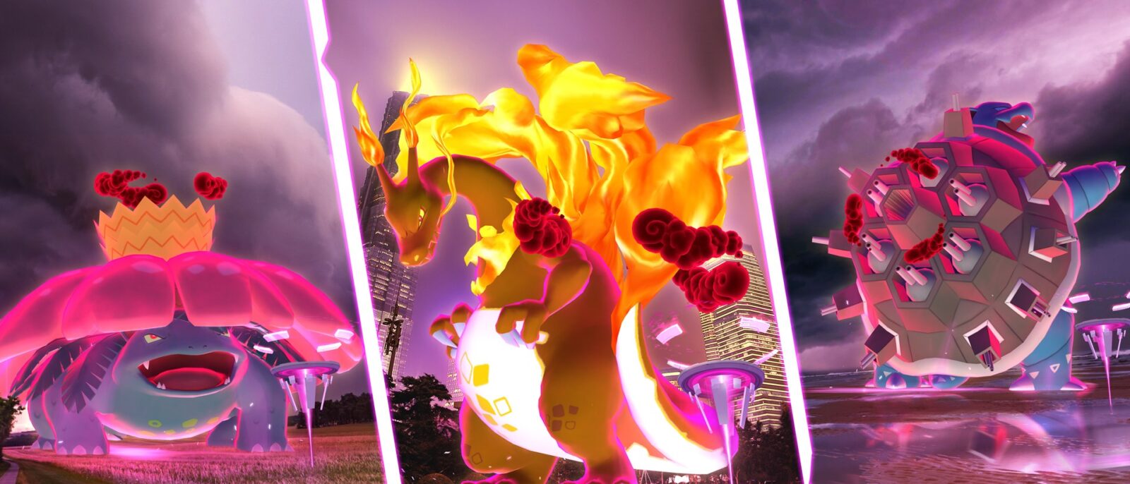 Florizarre, Dracaufeu et Tortank Gigamax au-dessus de Sources d’Énergie dans Pokémon GO