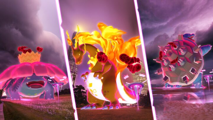 Florizarre, Dracaufeu et Tortank Gigamax au-dessus de Sources d’Énergie dans Pokémon GO