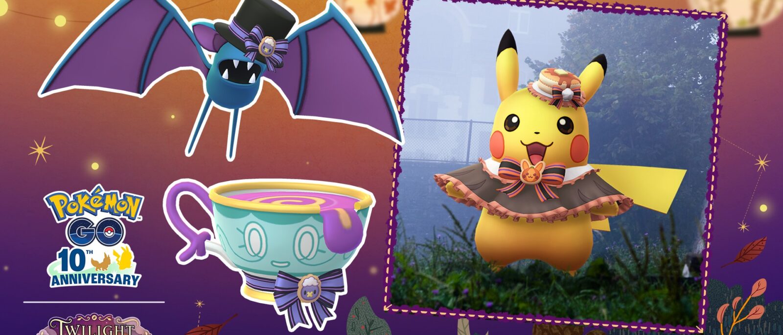 Nosferapti coiffé d'un haut-de-forme, Théffroi portant un nœud et Pikachu en chapeau et pèlerine pour Halloween 2026 dans Pokémon GO
