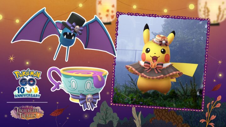 Nosferapti coiffé d'un haut-de-forme, Théffroi portant un nœud et Pikachu en chapeau et pèlerine pour Halloween 2026 dans Pokémon GO