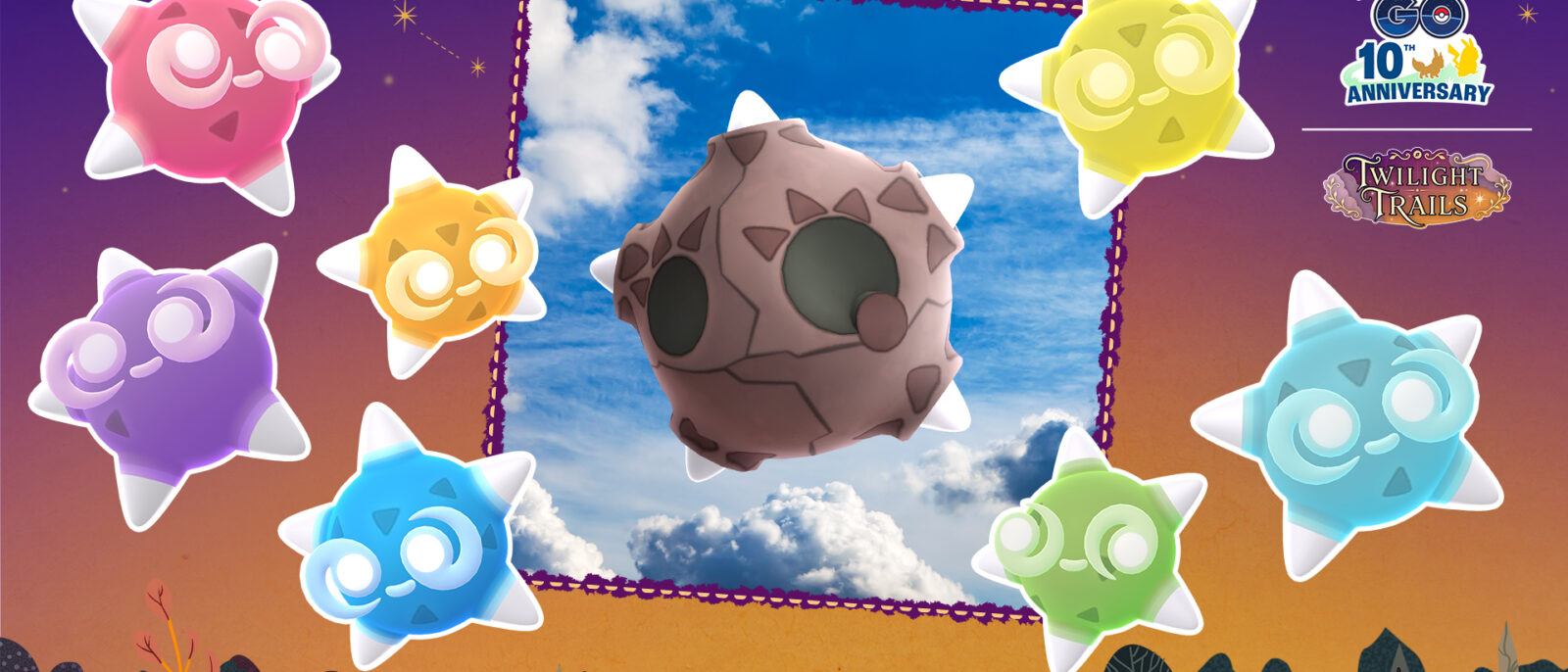Les sept couleurs de noyau de Météno autour d'un Météno Forme Météore dans Pokémon GO