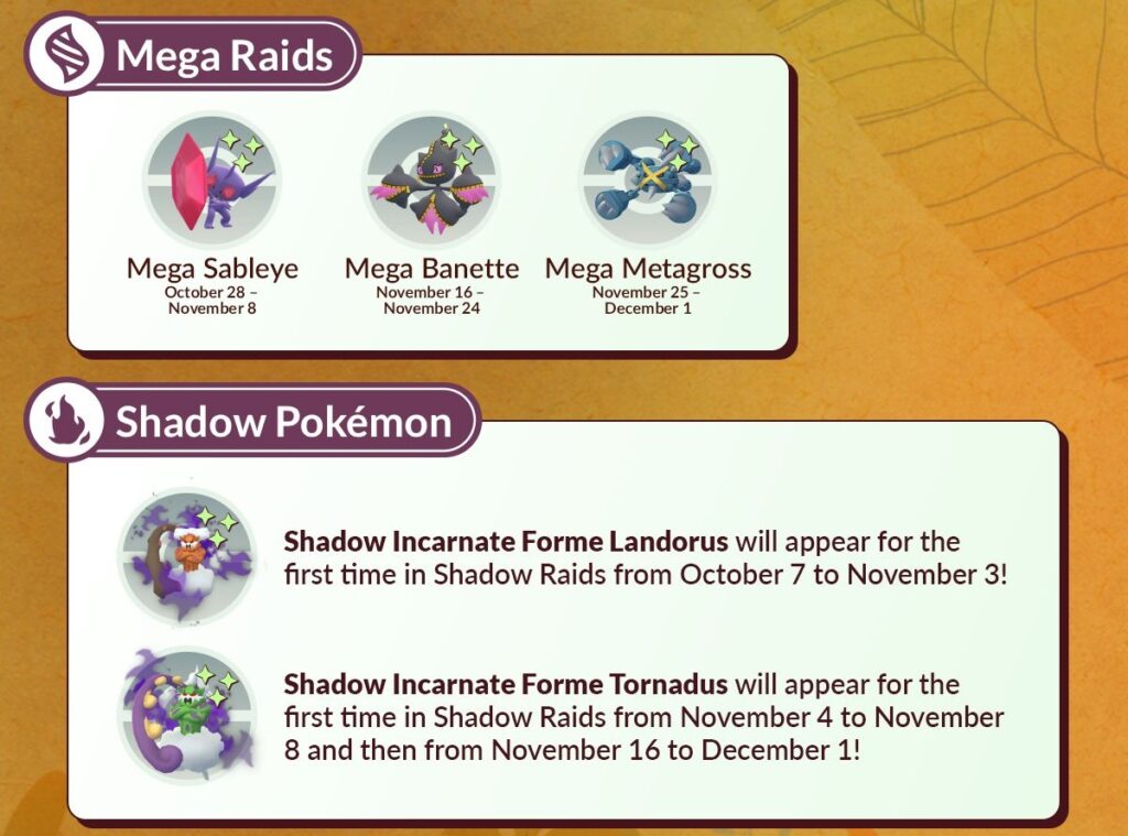 Méga-Raids et Raids Obscurs de novembre 2026 dans Pokémon GO : Méga-Ténéfix, Méga-Branette, Méga-Métalosse et Boréas Obscur