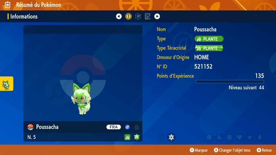 Résumé d'un Poussacha reçu via Pokémon HOME dans Pokémon Écarlate et Violet