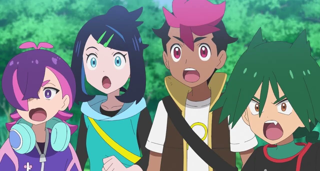 Dot, Liko, Rhod et Ult, surpris, dans la bande-annonce de la saison 4 de Pokémon, les horizons