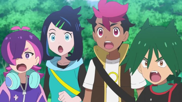Dot, Liko, Rhod et Ult, surpris, dans la bande-annonce de la saison 4 de Pokémon, les horizons