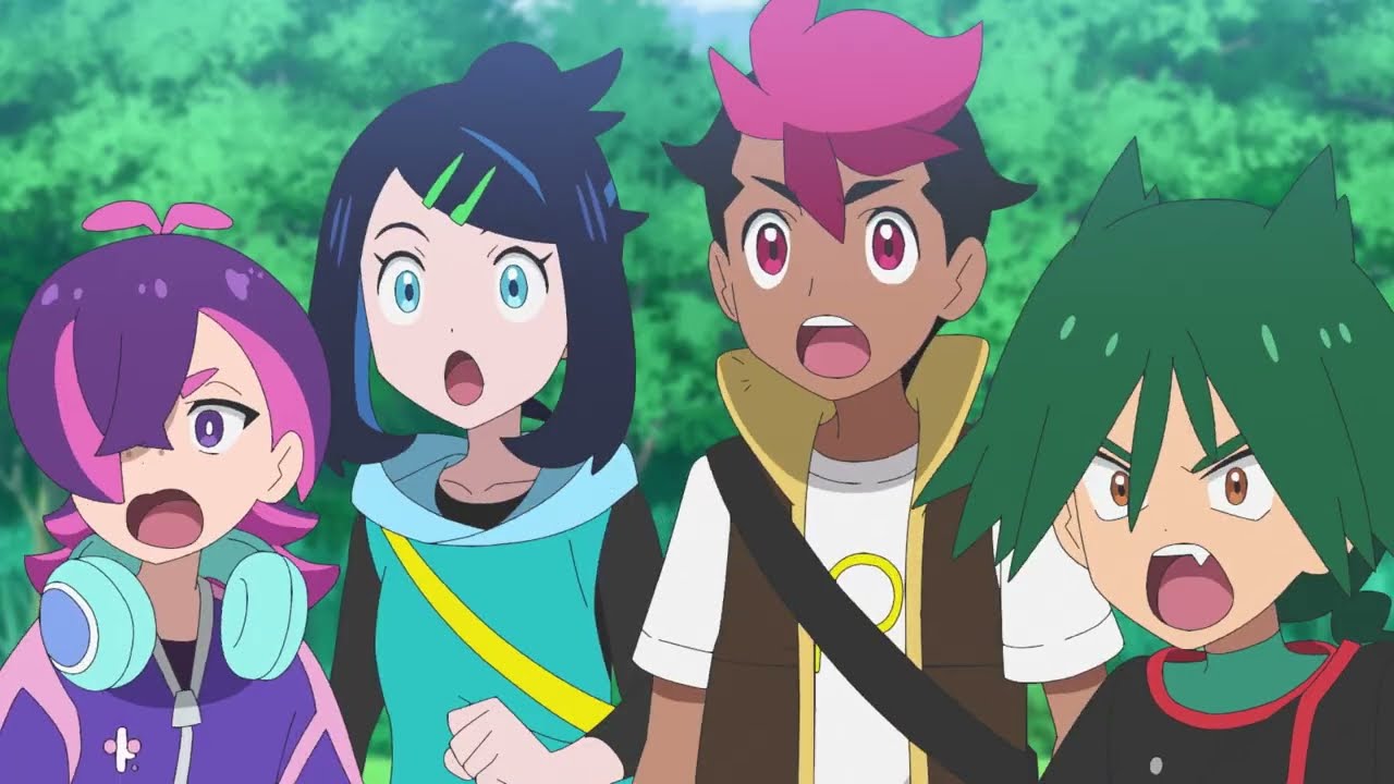 Dot, Liko, Rhod et Ult, surpris, dans la bande-annonce de la saison 4 de Pokémon, les horizons