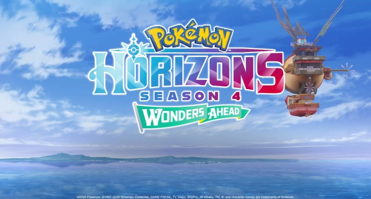 Logo de la saison 4 de Pokémon, les horizons, Wonders Ahead, au-dessus de la mer avec le Brave d'Oliville