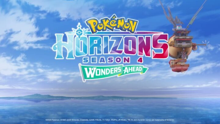 Logo de la saison 4 de Pokémon, les horizons, Wonders Ahead, au-dessus de la mer avec le Brave d'Oliville
