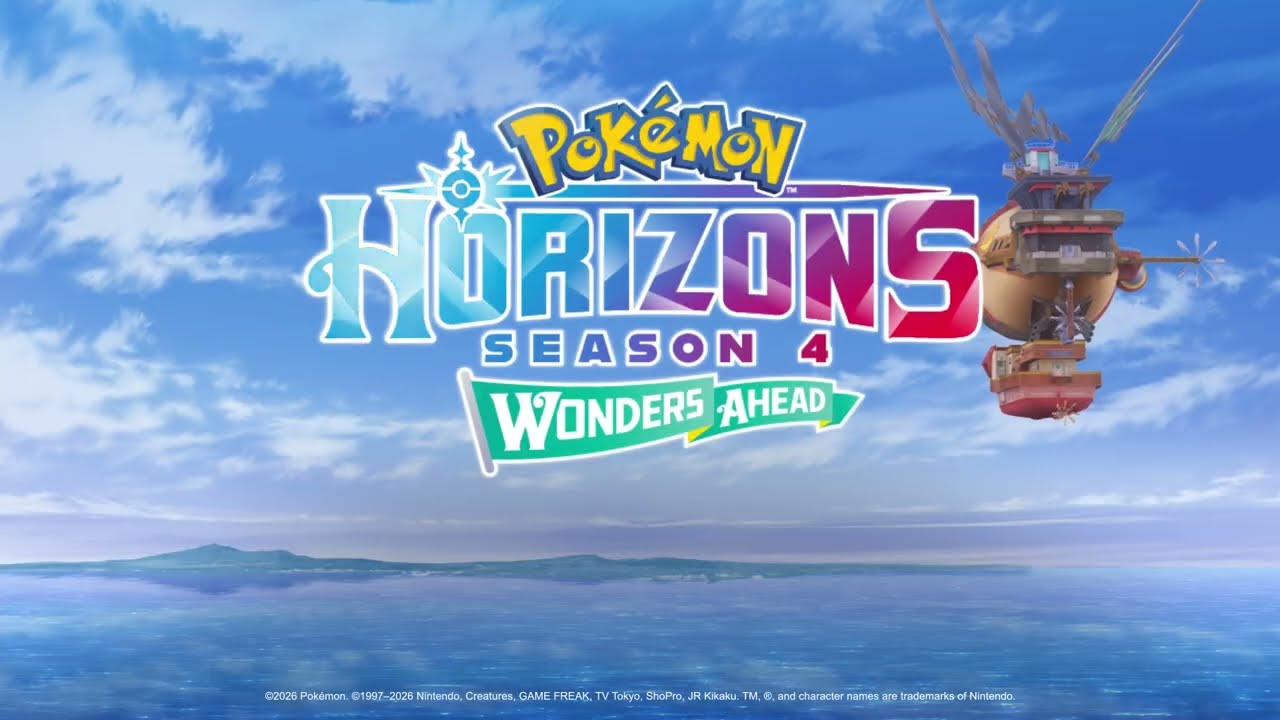 Logo de la saison 4 de Pokémon, les horizons, Wonders Ahead, au-dessus de la mer avec le Brave d'Oliville
