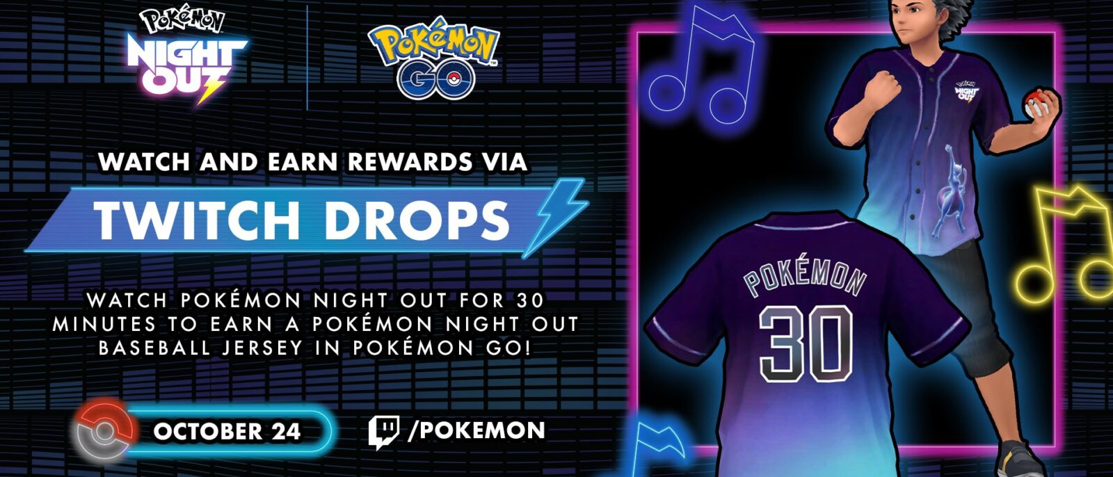 Visuel Pokémon Night Out annonçant le maillot de baseball à gagner dans Pokémon GO via Twitch
