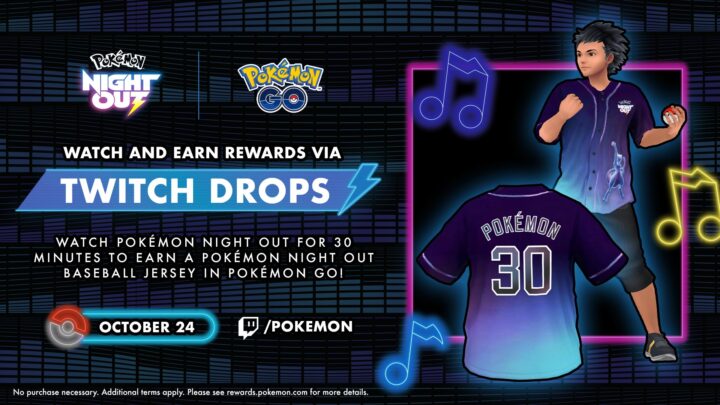Visuel Pokémon Night Out annonçant le maillot de baseball à gagner dans Pokémon GO via Twitch