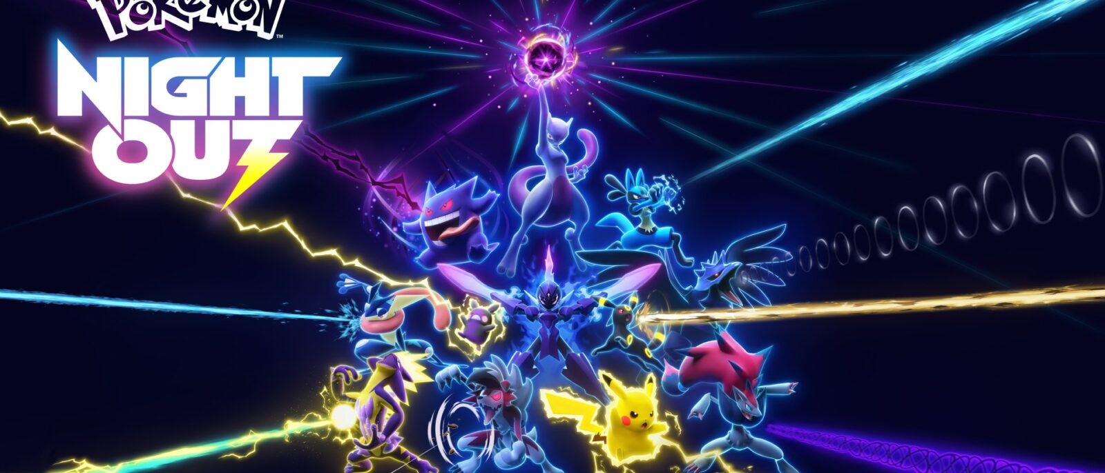 Visuel officiel de Pokémon Night Out : Mewtwo entouré d'Ectoplasma, Lucario, Pikachu, Noctali et d'autres Pokémon sur fond de rayons lumineux