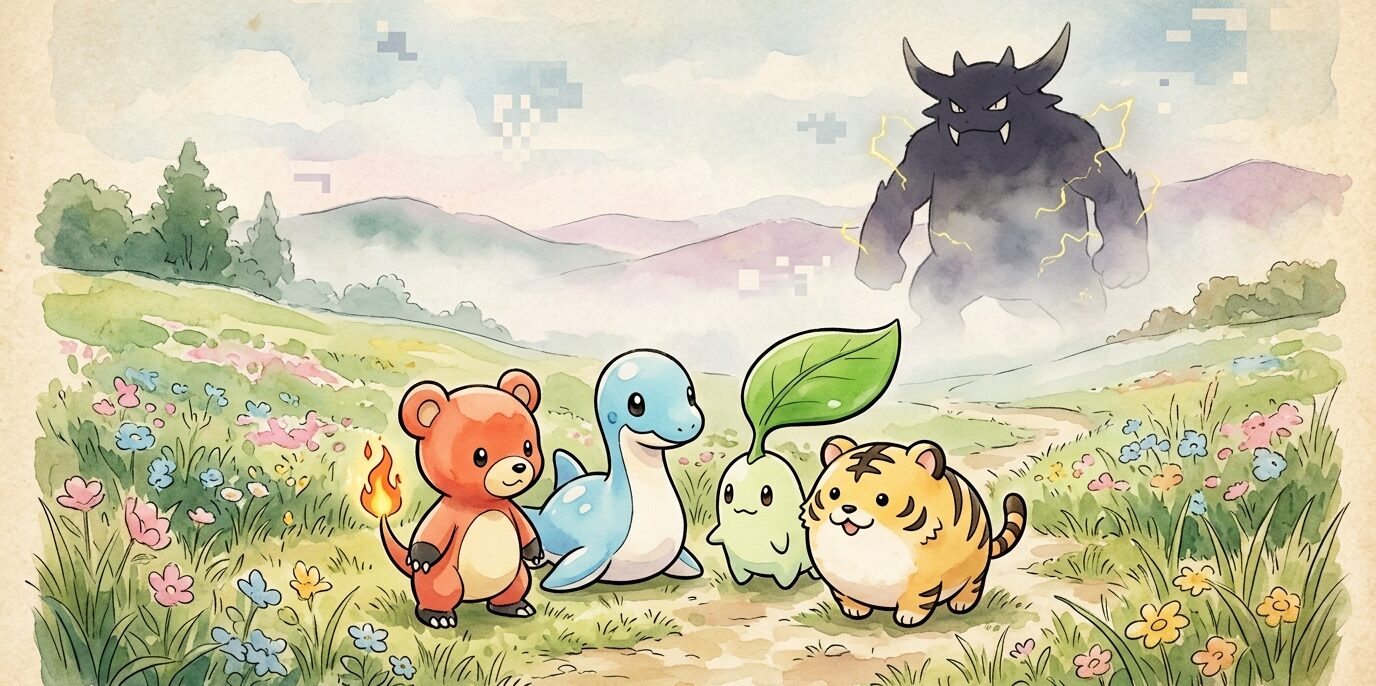 Illustration aquarelle des Pokémon perdus de la 1G et 2G : les starters de Spaceworld 1997 Honoguma, Kurusu et Happa, Kotora, et la silhouette mystique de Gorochu