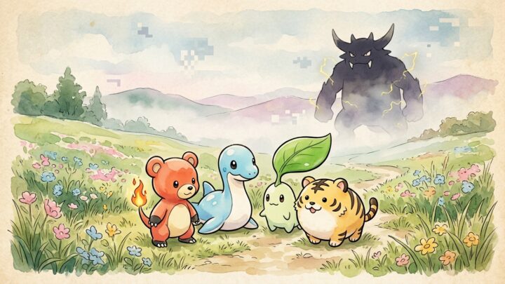 Illustration aquarelle des Pokémon perdus de la 1G et 2G : les starters de Spaceworld 1997 Honoguma, Kurusu et Happa, Kotora, et la silhouette mystique de Gorochu