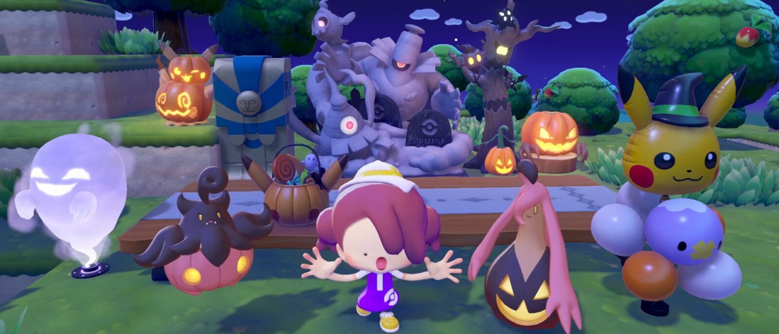 Pitrouille, Banshitrouye et le personnage joueur au milieu des décorations d'Halloween dans Pokémon Pokopia