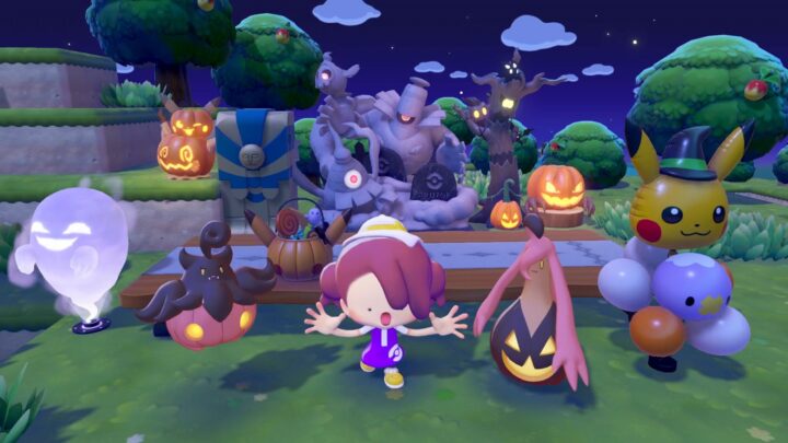 Pitrouille, Banshitrouye et le personnage joueur au milieu des décorations d'Halloween dans Pokémon Pokopia