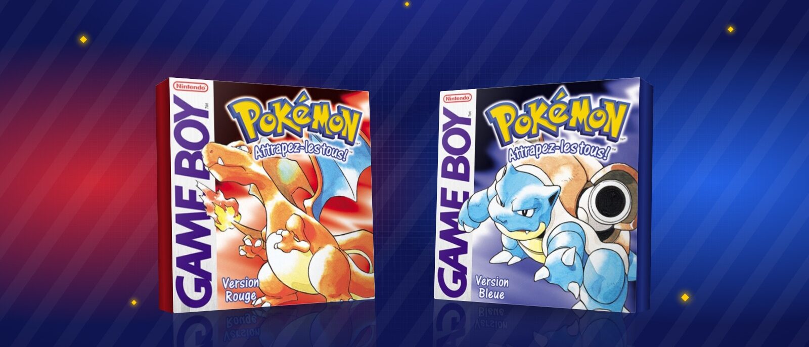 Les boîtes françaises de Pokémon Version Rouge et Pokémon Version Bleue sur Game Boy, avec Dracaufeu et Tortank
