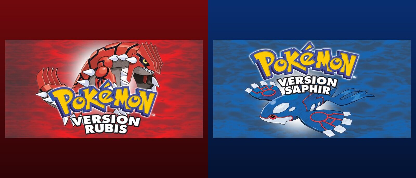Les illustrations officielles de Pokémon Version Rubis avec Groudon et de Pokémon Version Saphir avec Kyogre côte à côte
