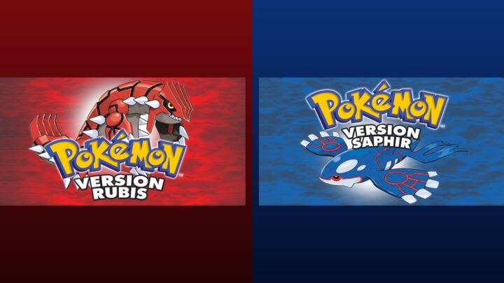 Les illustrations officielles de Pokémon Version Rubis avec Groudon et de Pokémon Version Saphir avec Kyogre côte à côte