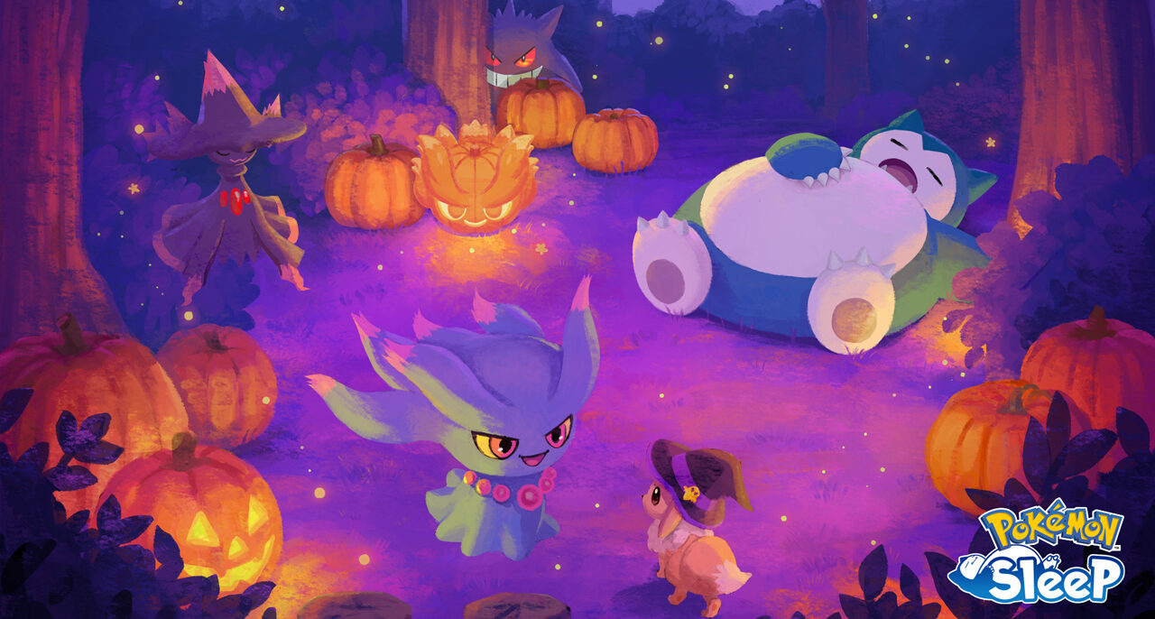 Illustration officielle de l'événement Halloween 2026 de Pokémon Sleep : Magirêve, Feuforêve, Ectoplasma, Ronflex endormi et Évoli coiffé d'un chapeau violet au milieu des citrouilles