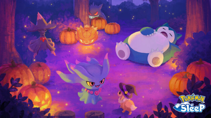 Illustration officielle de l'événement Halloween 2026 de Pokémon Sleep : Magirêve, Feuforêve, Ectoplasma, Ronflex endormi et Évoli coiffé d'un chapeau violet au milieu des citrouilles