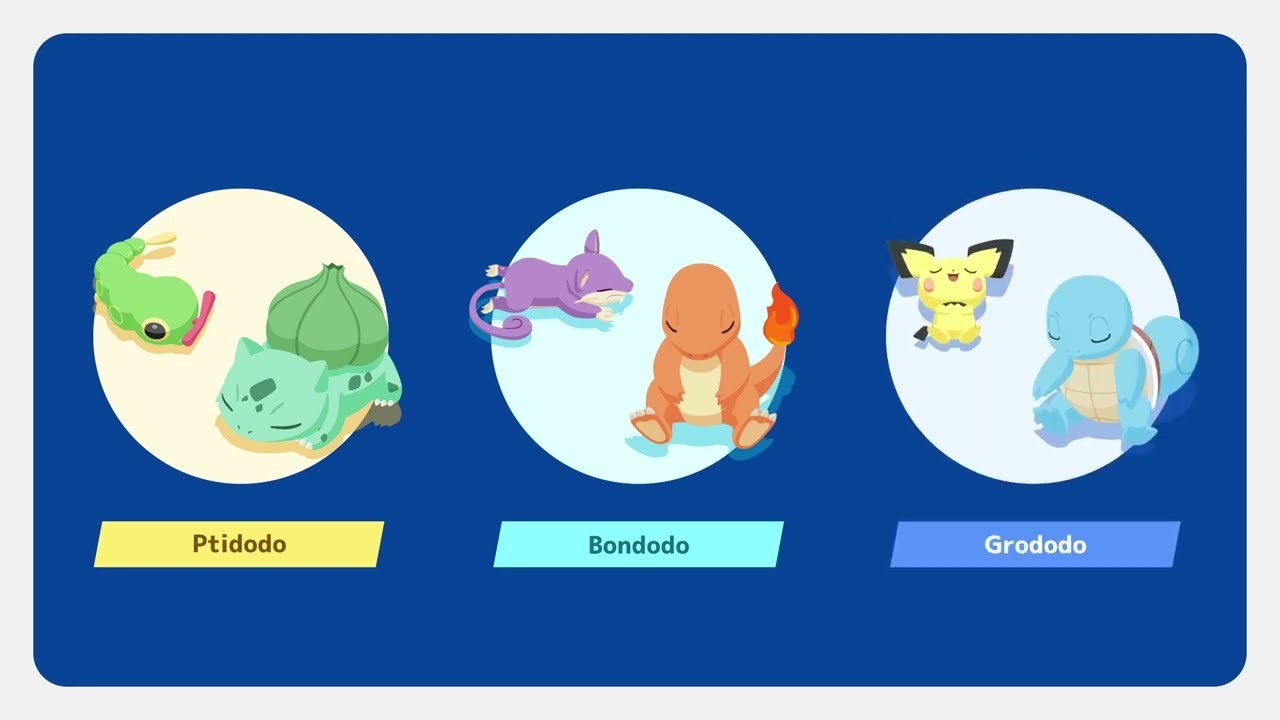 Les trois types de dodo de Pokémon Sleep illustrés par Bulbizarre, Salamèche et Carapuce endormis