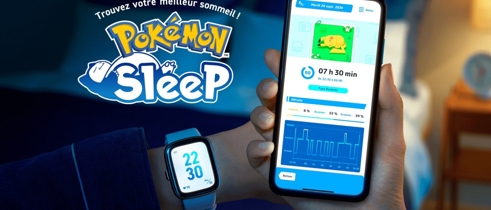 Logo de Pokémon Sleep avec un smartphone affichant un diagramme de sommeil et une montre connectée