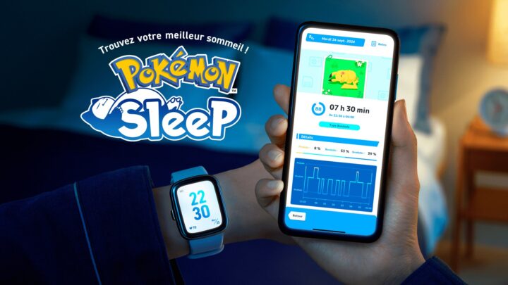 Logo de Pokémon Sleep avec un smartphone affichant un diagramme de sommeil et une montre connectée
