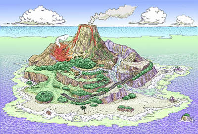 L'Île Pokémon vue d'ensemble : la voie ferrée côtière de la Plage, le volcan, les chutes d'eau et la forêt du Fleuve.