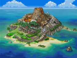 L'Île Pokémon, vue du ciel : chaque parcours cache des scènes à déclencher.