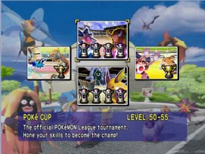 Écran de choix des coupes du Stade : la Poké Coupe est sélectionnée avec la mention niveaux 50 à 55
