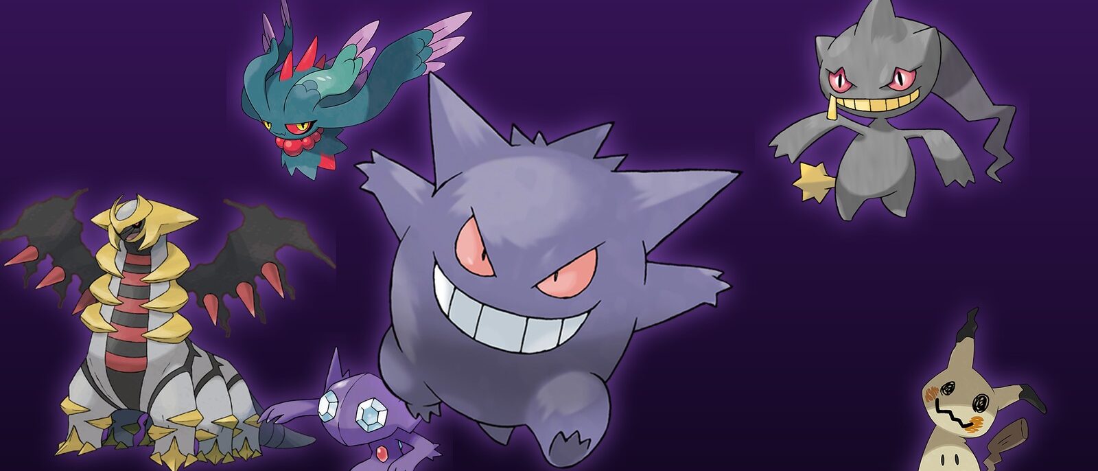 Ectoplasma entouré de Giratina, Flotte-Mèche, Branette, Ténéfix et Mimiqui, des Pokémon de type Spectre, sur leurs illustrations officielles
