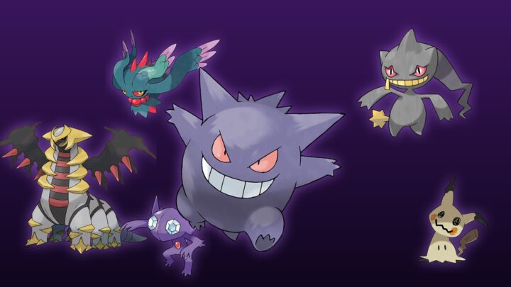 Ectoplasma entouré de Giratina, Flotte-Mèche, Branette, Ténéfix et Mimiqui, des Pokémon de type Spectre, sur leurs illustrations officielles