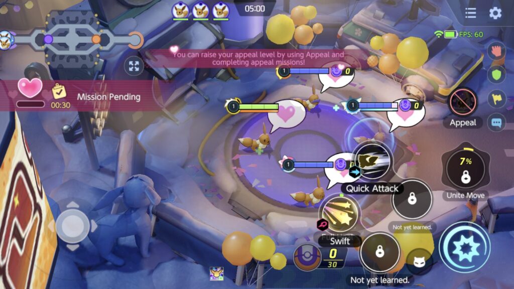 Capture d'écran d'un combat rapide spécial Évoli dans Pokémon UNITE