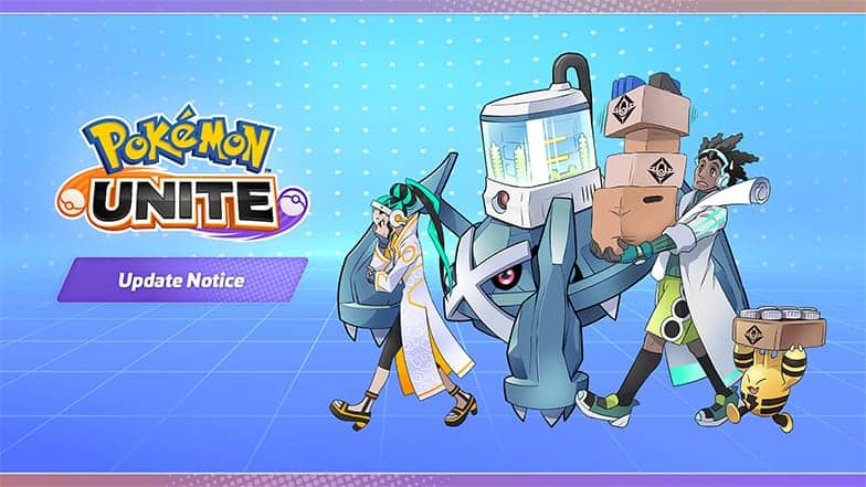 Visuel officiel de la mise à jour de Pokémon UNITE annonçant l'événement spécial et le mode Archives, avec Métalosse et Élekid