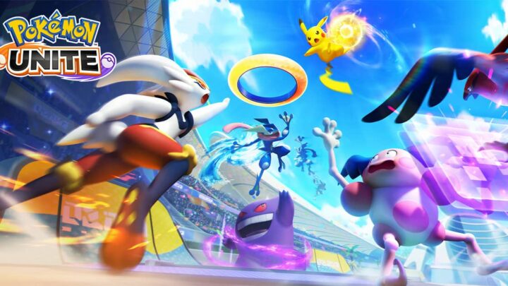 Visuel officiel de Pokémon UNITE avec Pyrobut, Amphinobi, Pikachu, Ectoplasma et M. Mime dans l'arène