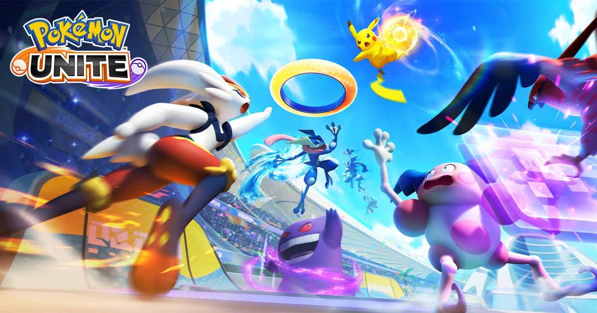 Visuel officiel de Pokémon UNITE avec Pyrobut, Amphinobi, Pikachu, Ectoplasma et M. Mime dans l'arène
