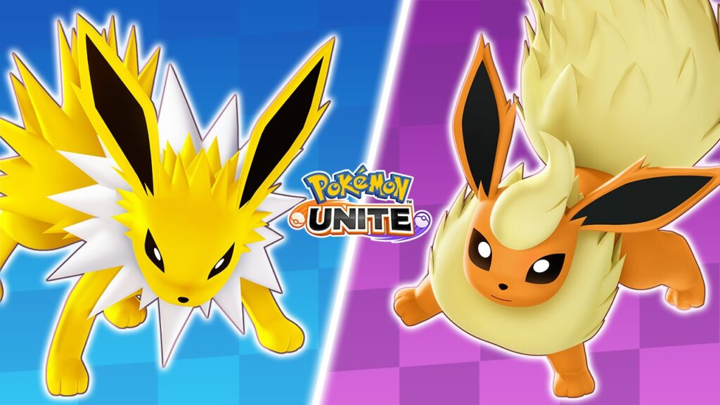 Visuel officiel de Voltali et Pyroli dans Pokémon UNITE