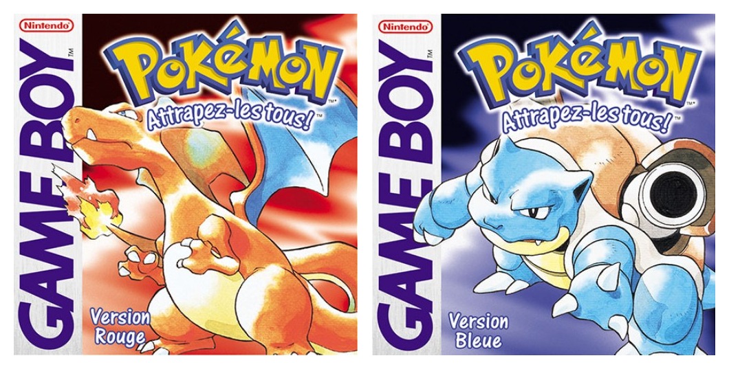 Les boîtes françaises de Pokémon Version Rouge avec Dracaufeu et Pokémon Version Bleue avec Tortank, sur Game Boy