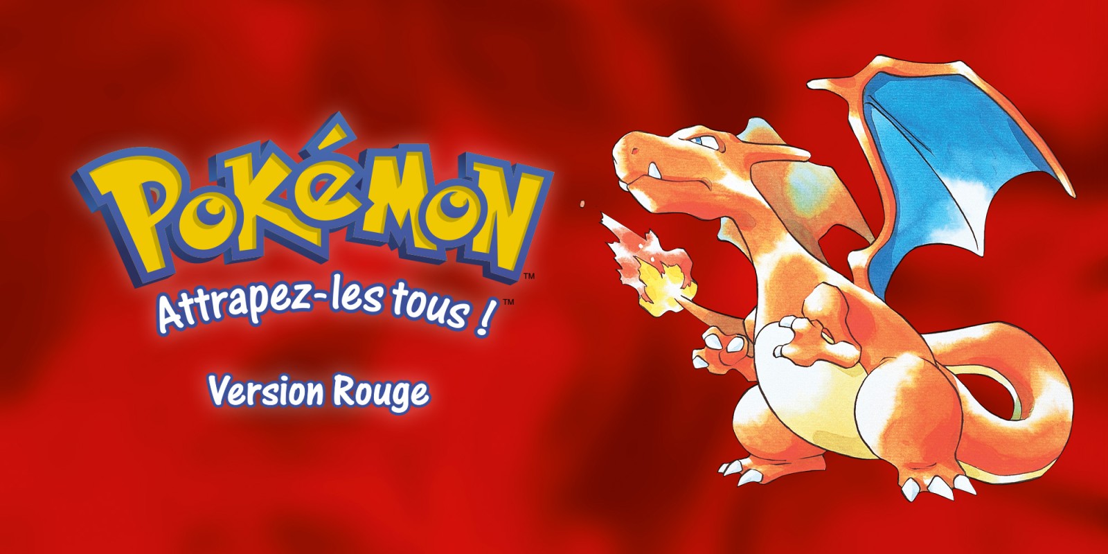 Illustration officielle de Pokémon Version Rouge avec Dracaufeu et le slogan Attrapez-les tous !