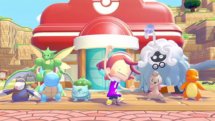Métamorph devant le Centre Pokémon entouré de Pokémon, dont Carapuce, Bulbizarre et le Professeur Bouldeneu