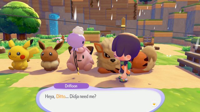 Baudrive flotte au-dessus d'une rangée de peluches Pikachu, Évoli, Mélofée et Arcanin, face à Métamorph